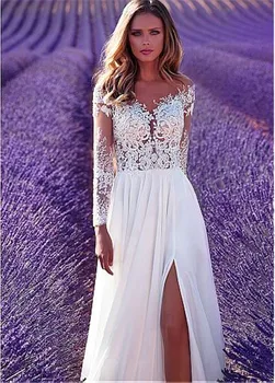 

Fantastic A-Line Long Sleeves Lace Appliques A-Line Wedding Dresses Chiffon Custom Made Beach Bridal Gowns Modest Fashion