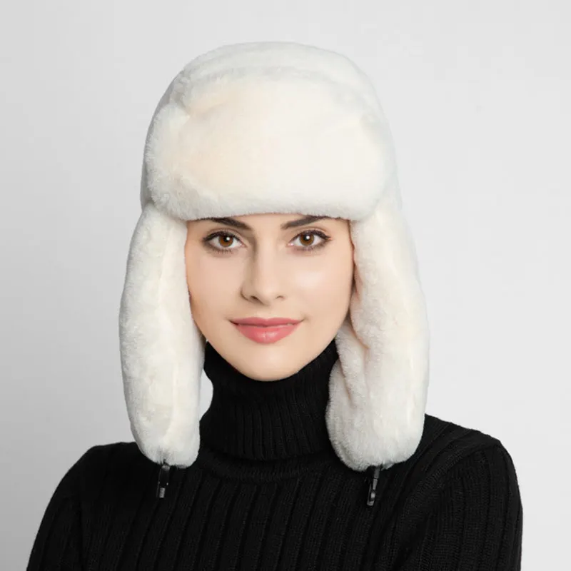 Зимние Защитные Мягкие Шапки-бомберы для женщин, модные шапки из искусственного меха, Снежная крышка шляпы, уши, белый, серый, черный, розовый