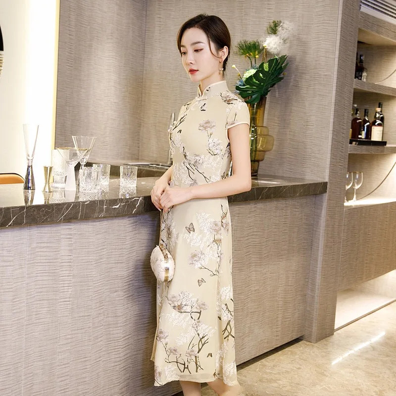 Летнее платье Вьетнам Aodai Cheongsam Ретро стиль ТРАПЕЦИЕВИДНОЕ ПЛАТЬЕ С Коротким