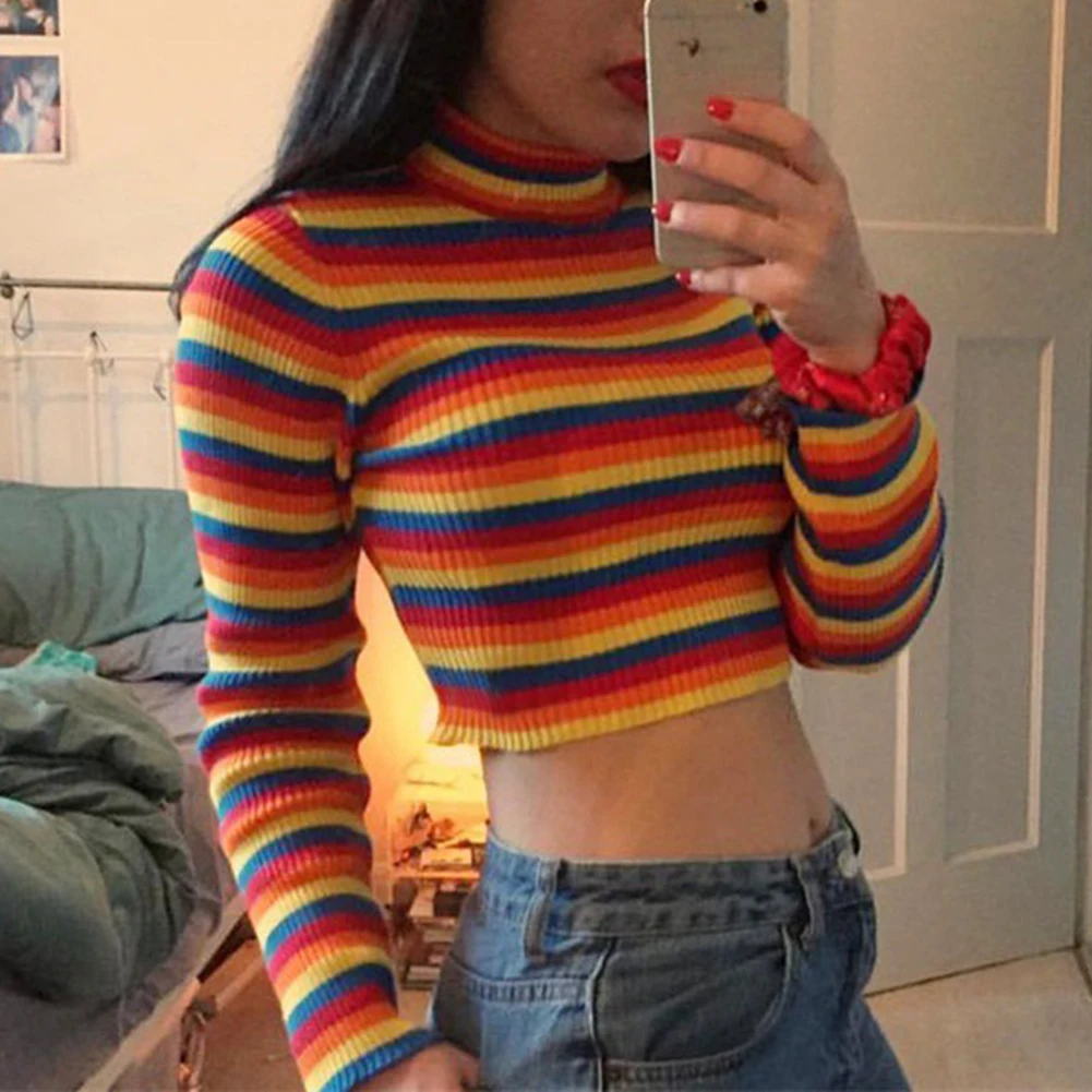 

Dossni Women Sweater Rainbow Stripes Jumper Knitwear Slim Sexy Women's Turtlenecks Sweaters Pullovers Colorful Pullover Tops