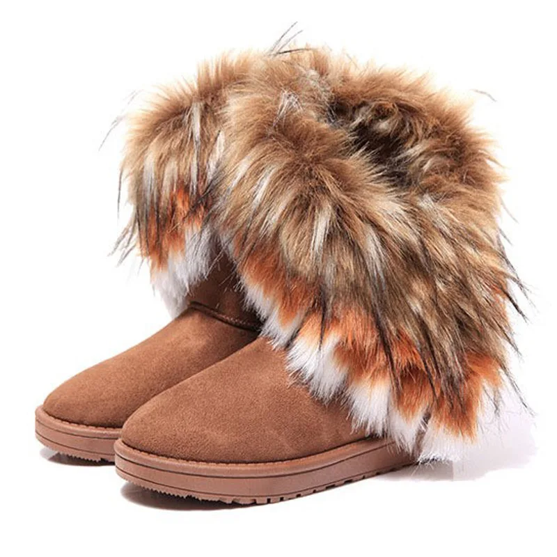 Winter Snow Boots for Women Round Toe Thicken Faux Fur Lined Flat Boots Warm Plush Cross Strap Mid Calf Boot