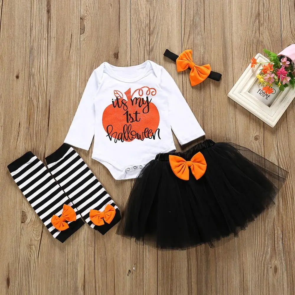 

Infant Baby Girls Boys Letter Print Long Sleeve Cotton Romper Tops +Tutu Skirt +Stocking Outfit Jumpsuit Halloween Set 9.15