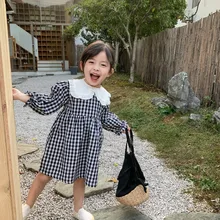 Новое поступление; весеннее хлопковое клетчатое платье принцессы в Корейском стиле с длинными рукавами и воротником в виде листа лотоса для милых маленьких девочек