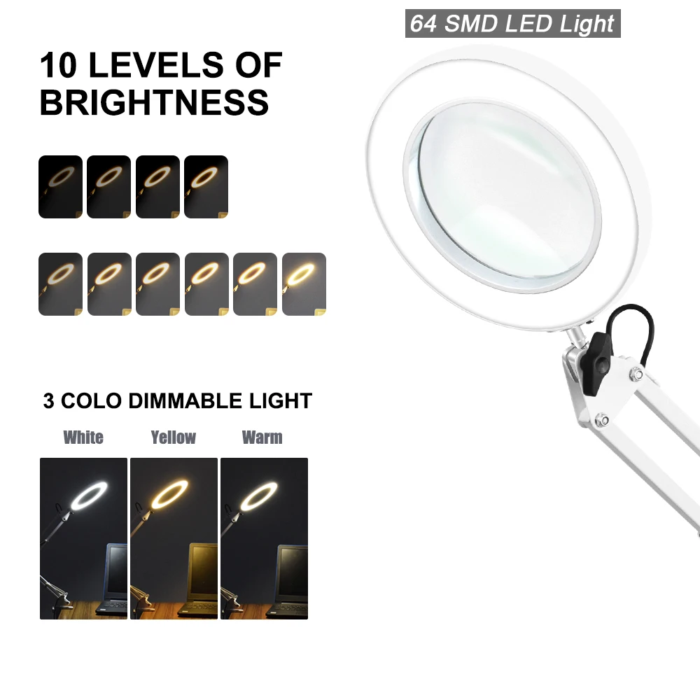 US $26.43 NEWACALOX USB 5X Folding LED Magnifying Glass Table Clamp Illuminated Magnifier Soldering Third Hand Tool 3 Colors Desk Lamp