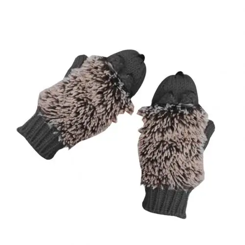 Теплые зимние женские теплые вязаные перчатки с мультяшным ежиком; зимние теплые вязаные перчатки; Рукавицы на палец; ручная работа - Цвет: Grey