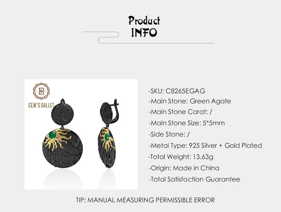 GEM'S BALLET Natural Green Agate Gemstone Drop Earrings For Women Sun Chaser Story 925 Sterling Silver Handmade Earrings Jewelry