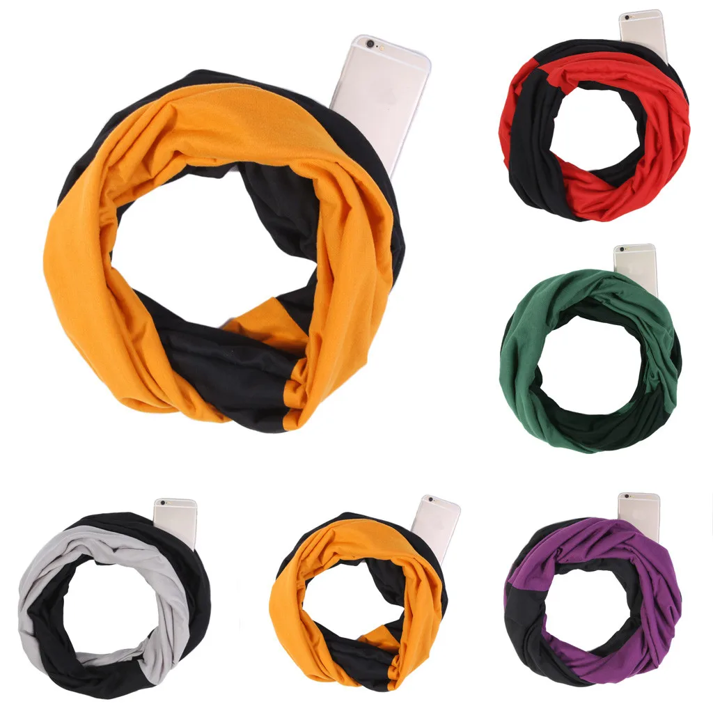 

Unisex Lovers Winter Patchwork Warm Loop Scarf Zippered Phone Pocket Shawl Ring шарф шарф женский poncho бандана scarf women