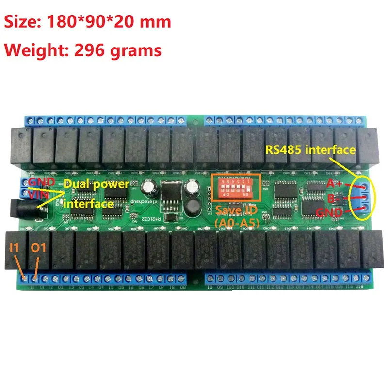 R421C32 DC12V 32 Channels Modbus RTU RS485 Bus Relay Module UART Serial Port Board for PLC LED Home Automation Door Lock