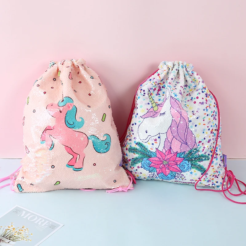 

Rainbow Sequin Unicorn Drawstring Bag Cute Mermaid Backpacks Women Travel Clothes Organizer Student Shoulder Bag