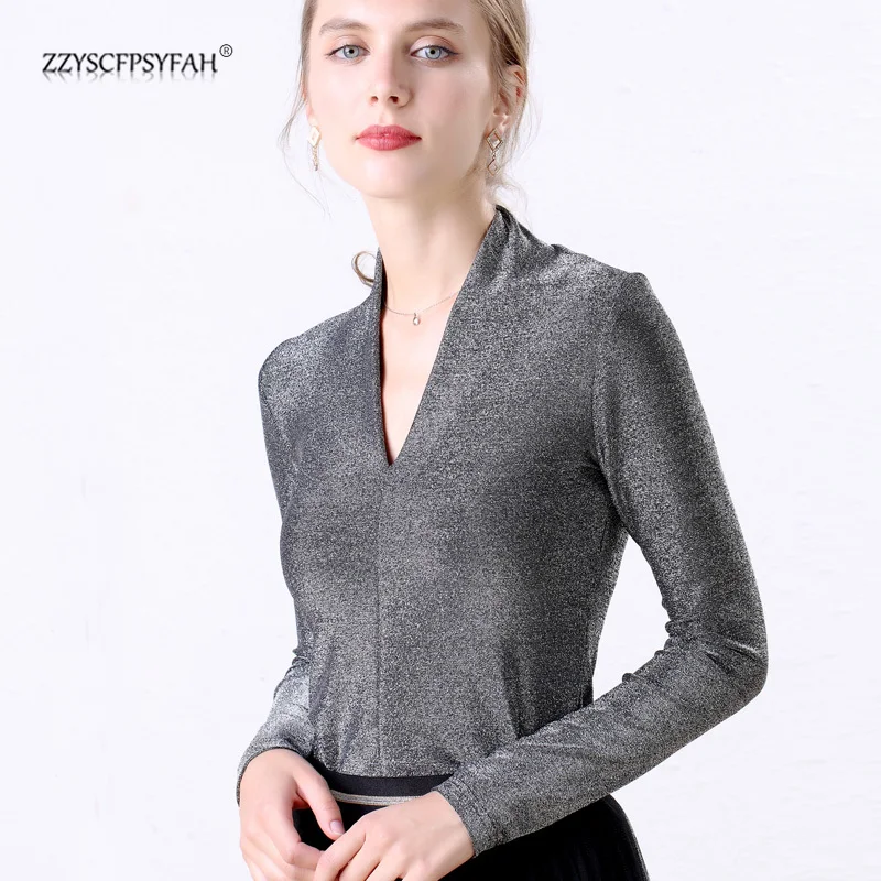 

ZP1909 New fashion Joker slim V-neck bright silk large size long sleeve bottoming shirt women's coat