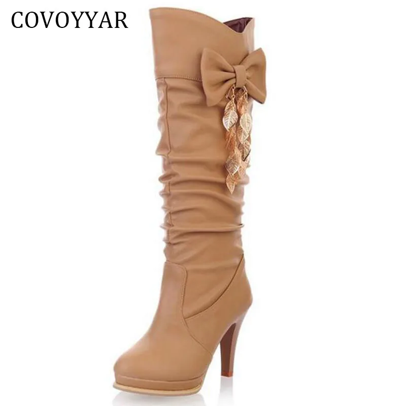 

COVOYYAR 2019 Elegant Bow Women's Boots Leaf Metal Decor Spike High Heels Pleated White Winter Boot Autumn Women Shoes WBS625