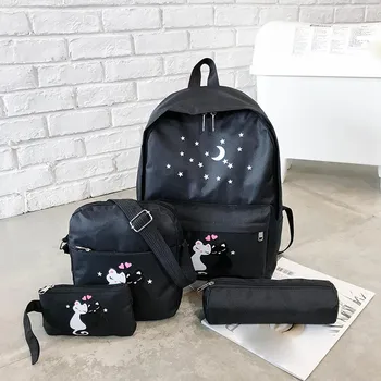 

Women Four Piece Backpack Printed Cat Backpack Travel Student Bag School Bag For Teenahe Girls Fashion Canvas Portfolio y20