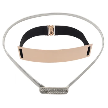 

2pcs Belt:1pcs Metal Rectangle DEcor Interlocking Buckle Elastic Waist Chain & 1pcs Black Chic Metal Buckle Elastic Waist Belt F