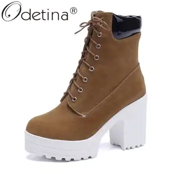 

Odetina Women Fashion Platform Block Round Toe Short Boots Female Casual Extreme High Heel Faux Suede Sewing Lace Up Ankle Boots