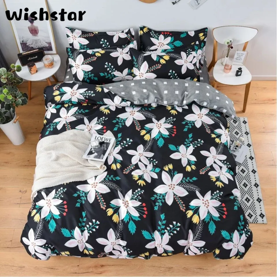 Wishstar черный комплект постельного белья с белым цветком, пододеяльник с растительным принтом, Комплект постельного белья для девочек, двуспальный комплект постельного белья