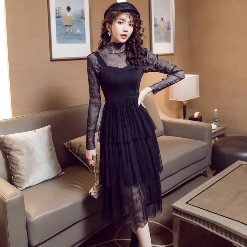 

Set 2019 Autumn New Style Debutante WOMEN'S Dress Fashion Tops + Elegant Slim Fit Strapped Dress Two-Piece Set