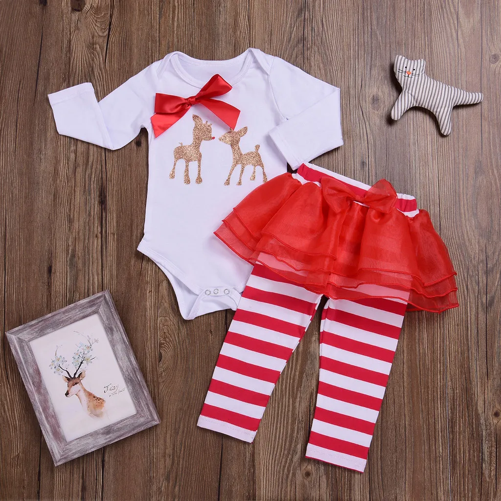 my first christmas girl Newborn Infant baby Girls winter clothing Christmas Deer longsleeve Bow Romper Stripe Mesh Pants Outfits