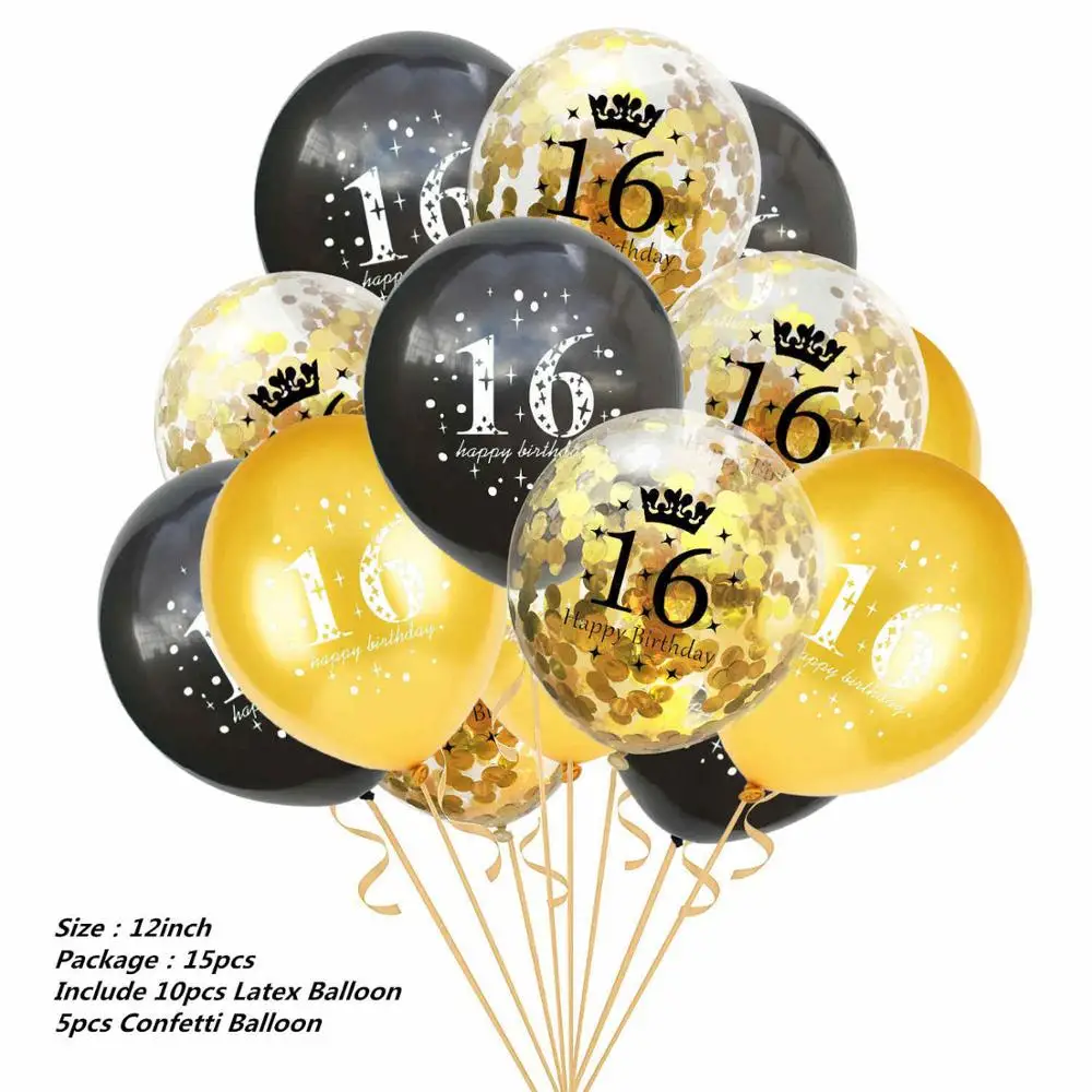Black/Gold Party Decorations Hello 21th/30th/40th Birthday Party Supplies Wedding Decor Disposable Tablecloth Plates Cups - Цвет: 15pcs balloon 16