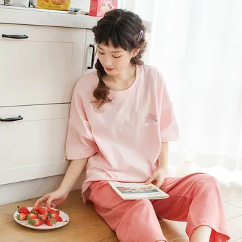 

Japanese Style Simple Pajamas Women's Short Sleeve Capris Pure Cotton Thin Summer Two Piece Loose Large Home Clothes Set