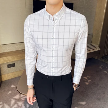 

High Grade Men's Checkered Shirt Black Long Sleeve White Plaid Dress Shirts Button Up Business Office Male Slim Fit Casual 4xl