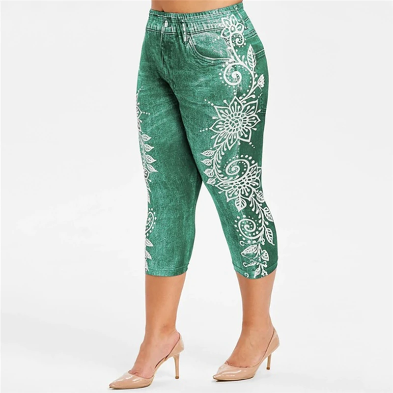 Короткие джинсовые леггинсы с принтом 3 \ 4, женские джинсовые леггинсы, бриджи с высокой талией, Капри, супер эластичные Джеггинсы размера плюс 2XL - Цвет: green