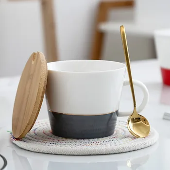 

Simple Porcelain Ceramic Mug with Cover Spoon Retro Plain Coffee Mug Espresso Latte Tazas Original Coffee Light Work Cup HH50MK