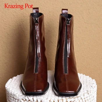 

Krazing pot Chelsea boots real cow leather gorgeous square toe thick med heel zipper pretty girls superstar soft ankle boots L68