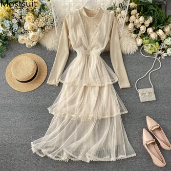 

2020 Spring Elegant Ladies 2 Piece Sets Women Solid Tops Pullover + Sleeveless Yarn Dress Suits Korean Fashion Chic 2 Piece Sets