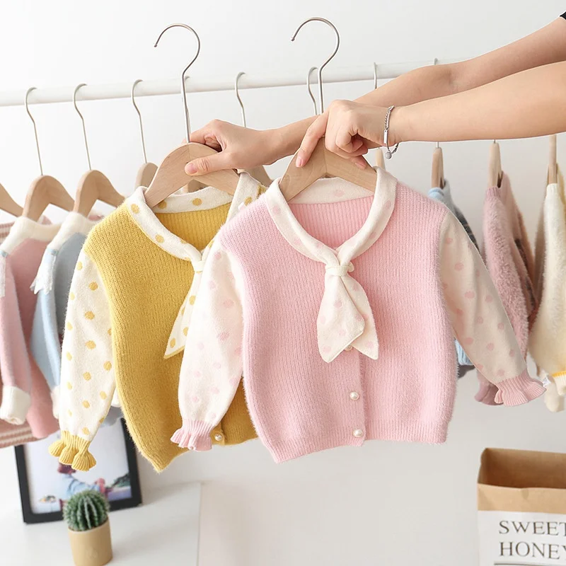 

2019 Autumn Winter Sweater For Girls Baby Kids Children Dot Polka Princess Knitwear Knit Sweaters Outwear Cardigan S9792