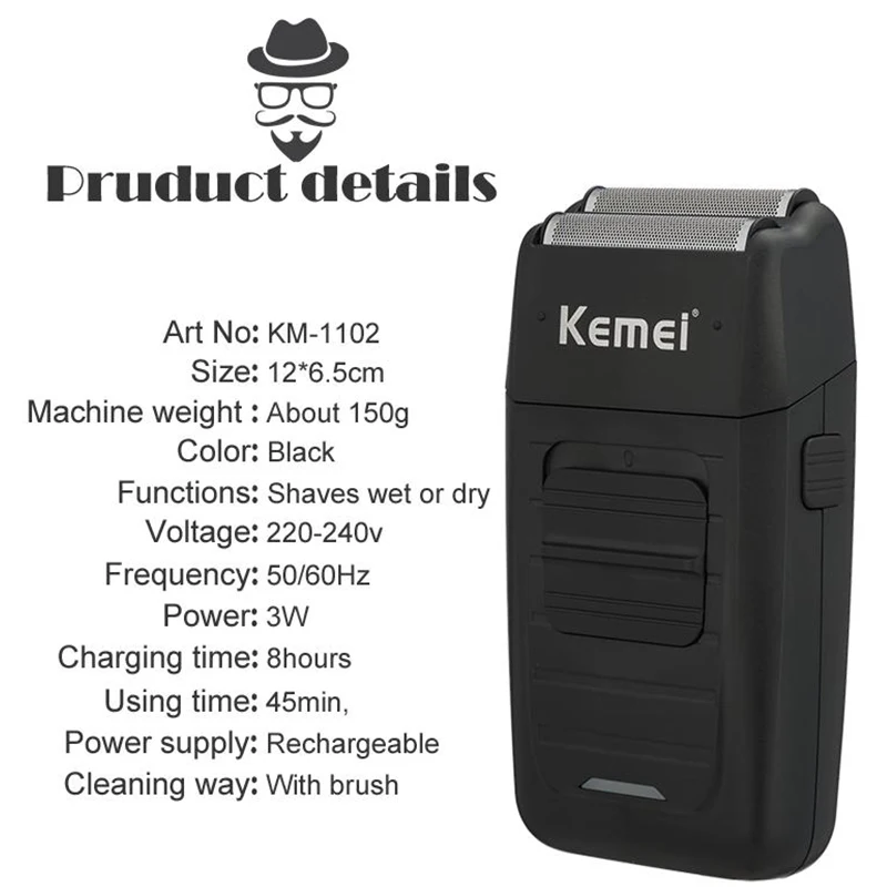 Kemei KM 1102 Rechargeable Cordless Shaver for Men Twin Blade Reciprocating Beard Razor Face Care Multifunction 3