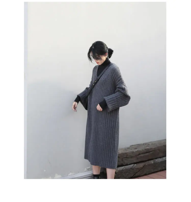 HG Fashion Elegant V Neck Women Dress Loose Plus Size Knit Ladies Dresses Wild Lazy Oaf Autumn Winter Clothes Women XJ2640