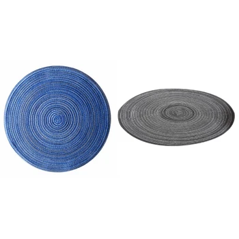 

12Pcs Round Design Table Ramie Insulation Pad Solid Placemats Linen Non Slip Table Mat Gray & Blue