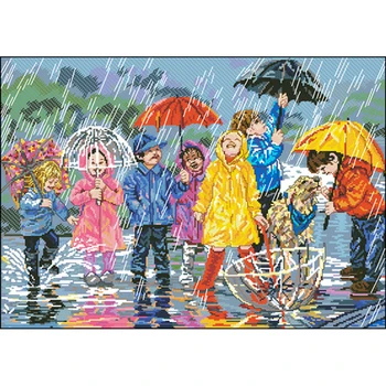 

14/16/18/22/25/28CT Beautiful Counted Cross Stitch Kit Splish'n and Splash'n Kids Children Play in the Rain Puddle