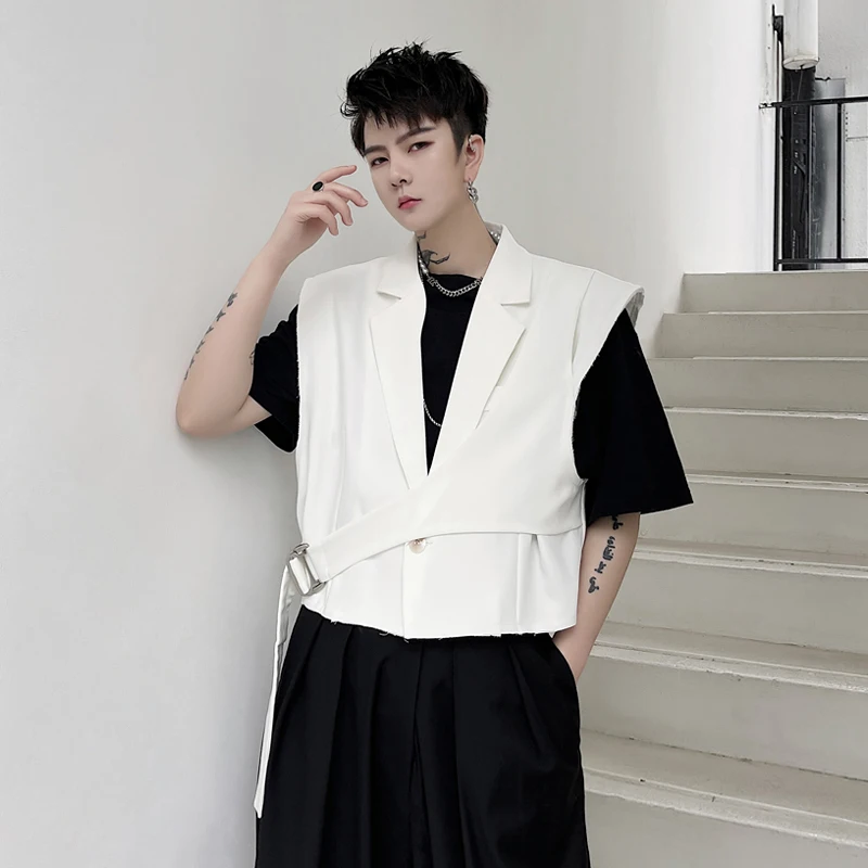 

Men's summer suit collar metal buckle belt design loose large size short waistcoat fashion trend young men large size waistcoat