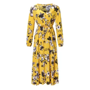 

clothing OWLPRINCES Women's 2018V Collar Waist Pendant Long-Sleeved Dress Floral Printed Dress