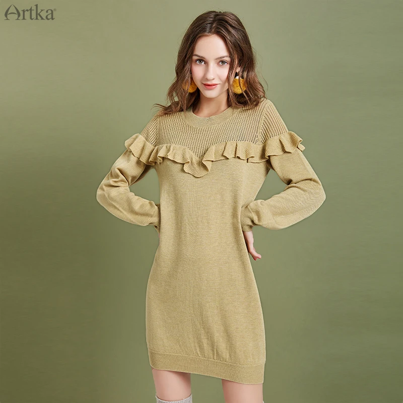 

ARTKA 2019 Autumn Winter New Women Sweater Dresses Elegant Ruffled Knitted Wool Sweater Dress O-Neck Long Sweater Dress LB10098Q