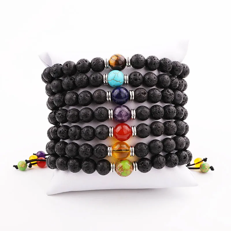 Cheap Chakra Bracelet Women Men Lava Stone 7 Chakra Yoga Macrame Beaded Bracelet Women Jewelry Gift