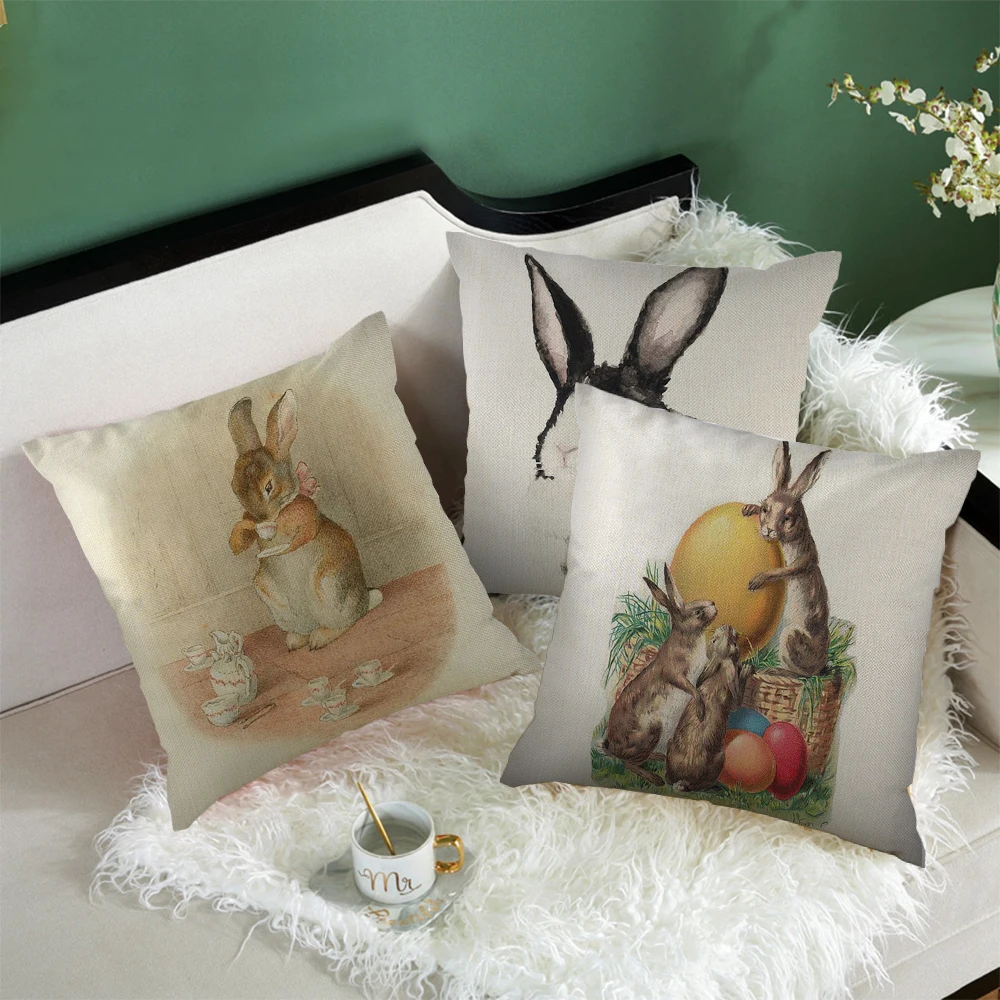 

Fuwatacchi Beige Linen Cushion Cover Grey Rabbit Pattern Pillow Cover for Home Chair Sofa and Car Decorative Pillowcases 45x45cm