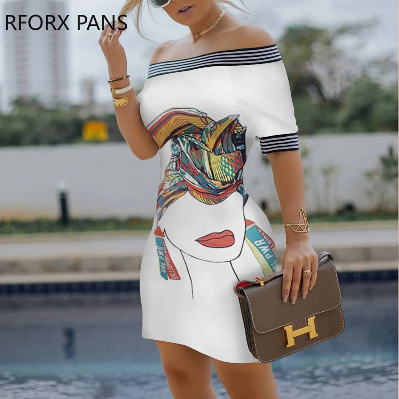 Women Figure Print Striped Tape Bodycon Dress Casual Dress Elegant Fashion Chic Dress Women Figure Print Striped Tape Bodycon Dress Casual Dress Elegant Fashion Chic Dress