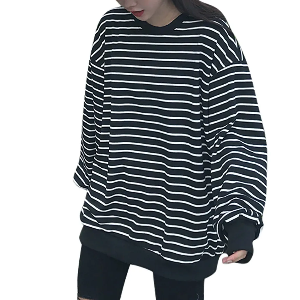 

Feitong Korean Style Women Sweatshirt Top O-Neck Stripe Sweatshirt Autumn Winter Long Sleeve Loose Tracksuit Jumper Pullover