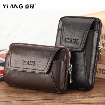 

YI ANG Genuine Cowhide Leather Men's Bags Multi-Fonction Waist Packs Hip Bag Mobile Bag Belt Bags Coins Purse Soft Fanny Packs