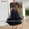 Black Polka Dotted Tulle Evening Dresses Short Sleeves Appliques Flowers A-Line Prom Dresses Tea-Length Wedding Party Dresses ► Photo 3/4