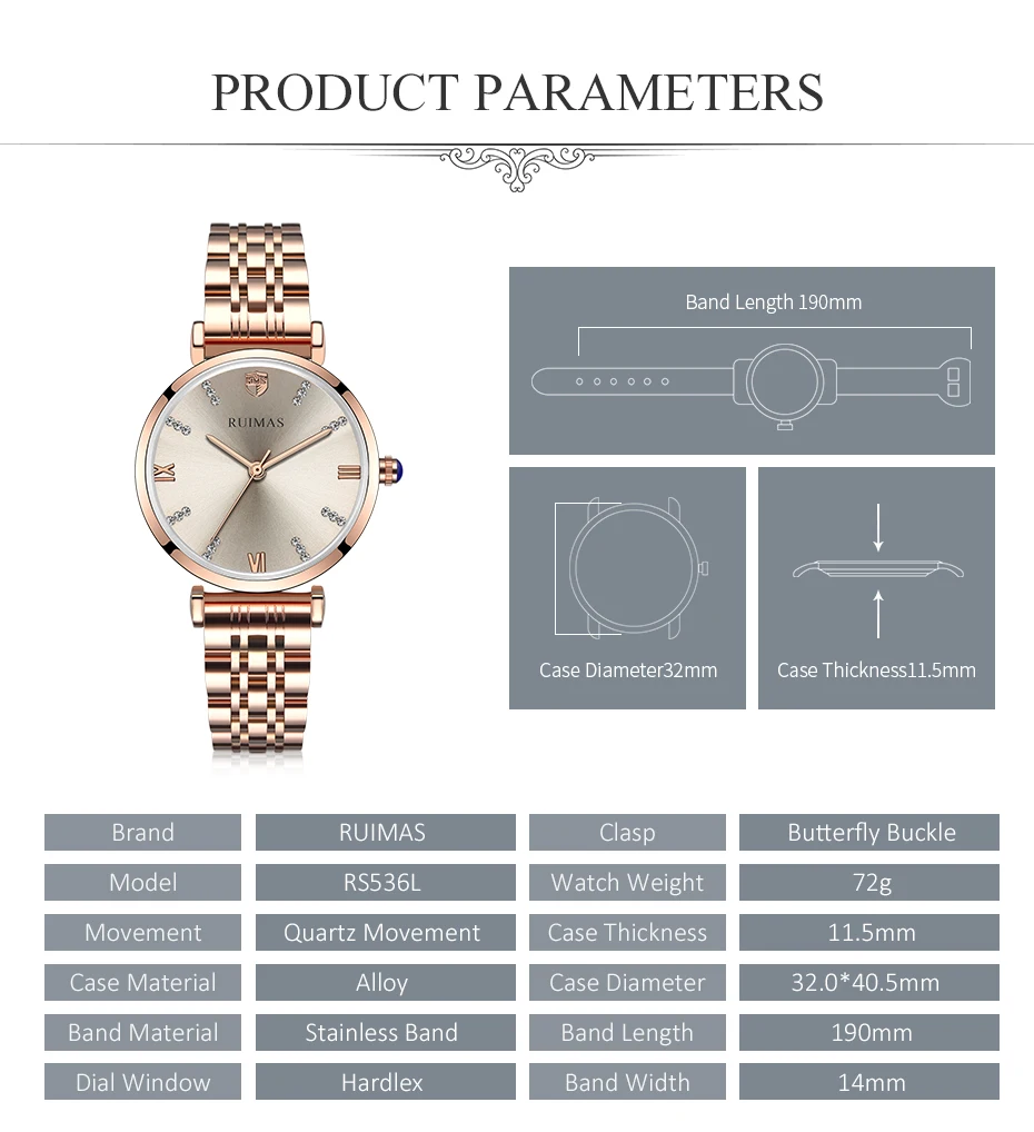 Модные Ruimas Для женщин часы Наручные часы Кварцевые женские золотые часы для охватывающая деталь из нержавеющей стали ссылки Relojes Mujer