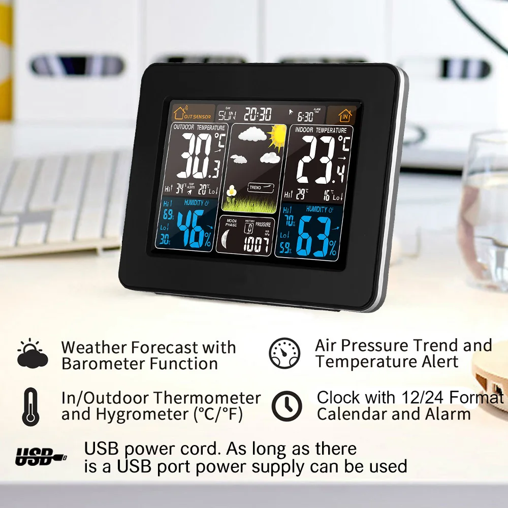 In//Outdoor Wireless Weather Station Clock Digital LCD Calendar Humidity+Sensor