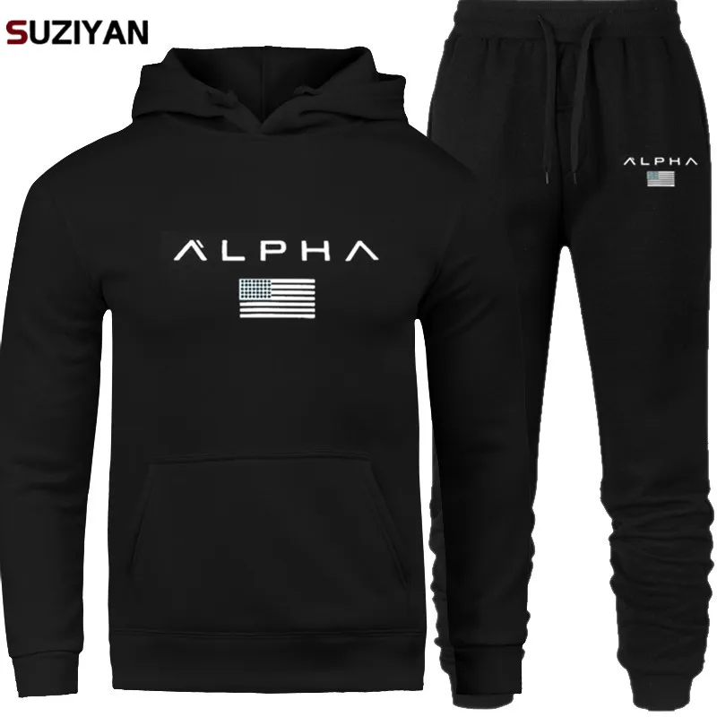 Мужские наборы с принтом Alpha Sweatsuit, спортивный костюм, брендовый спортивный костюм, спортивный костюм, Большой размер, мужская спортивная одежда, куртки с капюшоном и штаны