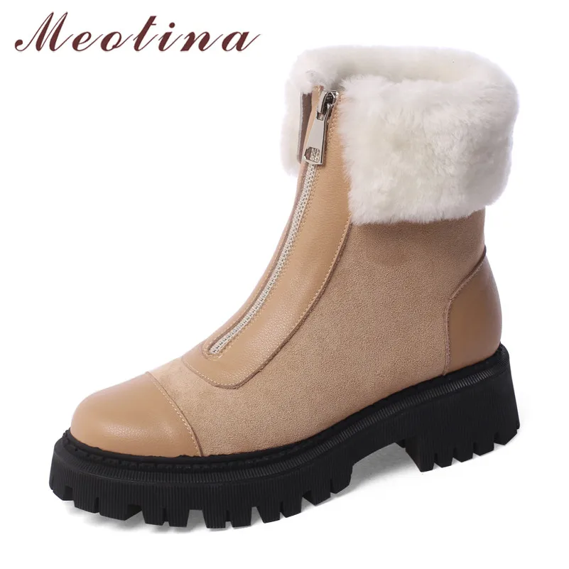 

Meotina Women Ankle Boots Shoes Genuine Leather Platform High Heel Short Boots Zip Round Toe Thick Heels Snow Boots Lady Winter