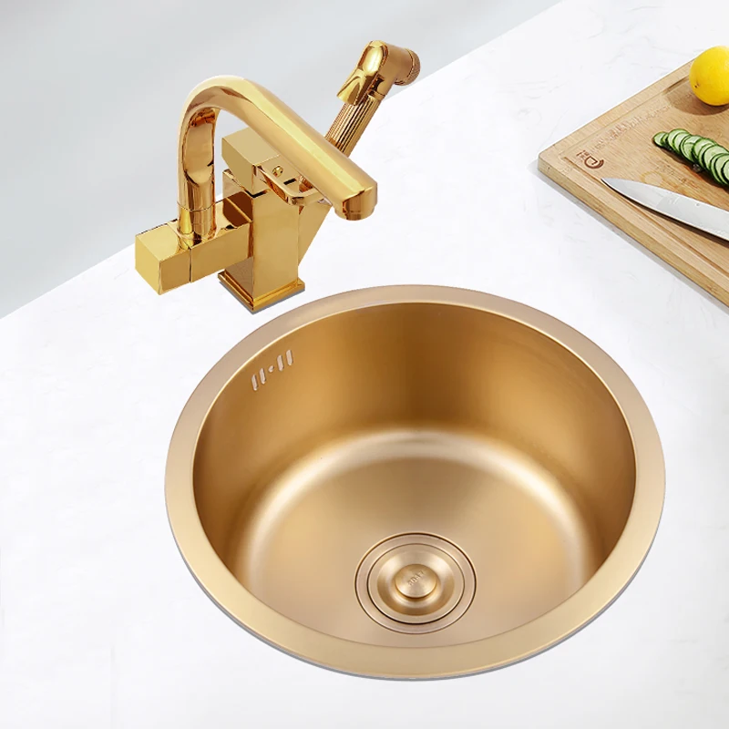 

Brushed gold kitchen basin round single bowl stainless steel kitchen sink cozinha gold sink above counter or undermount