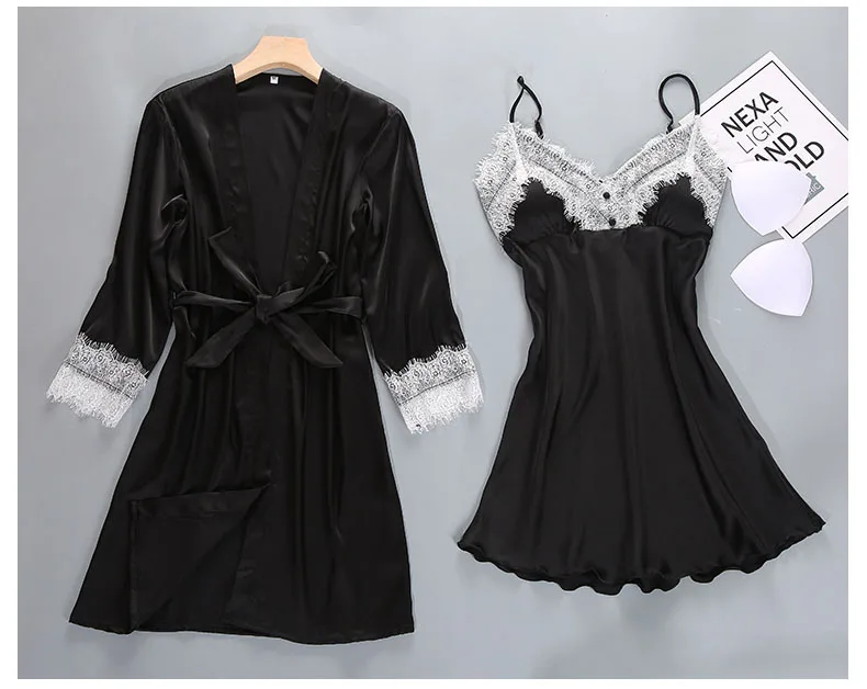 Queenral 2PCS Sexy Women's Robe Gown Sets Night Woman Nightgown Summer Nightdress Lace Satin Sleepwear Pajamas With Chest Pad   789