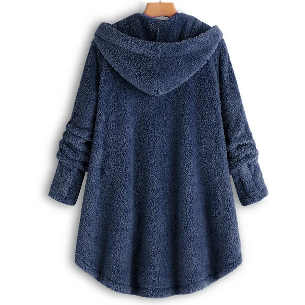 Women New Winter Plus Size S-5XL Button Coat Fluffy Tail Tops Hooded Pullover Loose Oversize Coats Warm Outwear for Fashion