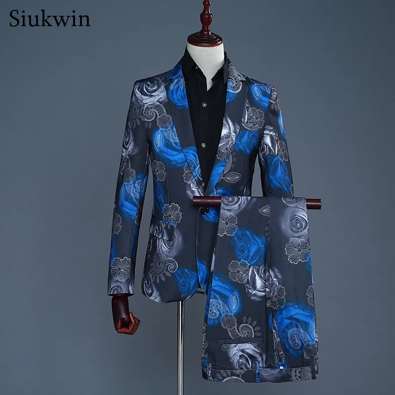 

Mens Suits Floral Tuxedos Blue Black Rose Printing Men Floral Suit Mens Tuxedo Costume Homme Mariage Costard Homme